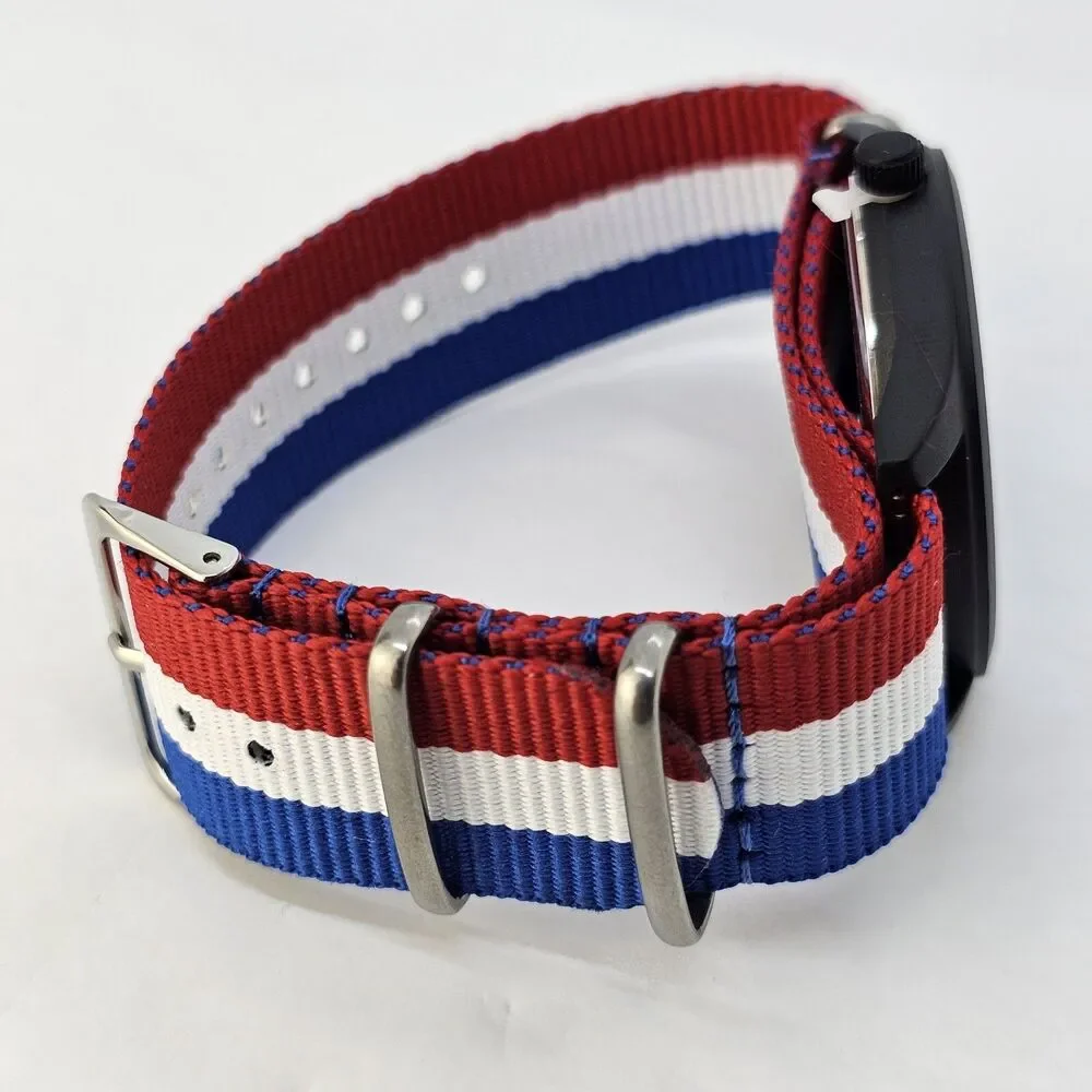 Field Men's Watch 42MM Black Dial Black Case Blue White Red Canvas Band‎ Strap